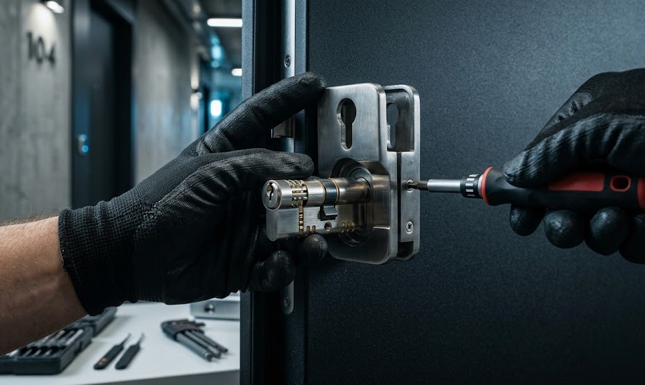 Especialista Cerrajero Berrioplano instalando cerradura premium en puerta de vivienda de Nuevo Artica